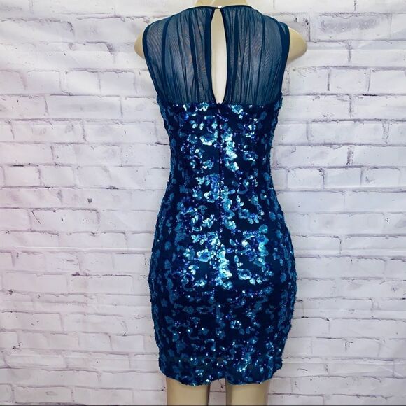BELLE BADGLEY MISCHKA PARIS DRESS SEQUIN BLUE MULTI FLORAL BL2282 size 0 - Picture 2 of 16